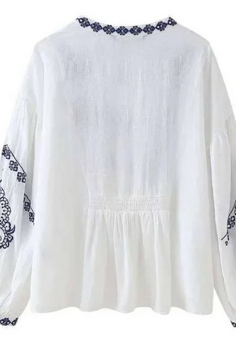 CWTBLL3094_V-NECK EMBROIDERED LOOSE LONG-SLEEVED TOP