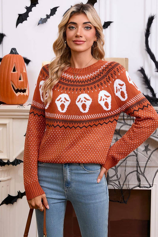 CWOSWL07357_LOOSE HALLOWEEN SKULL JACQUARD CREWNECK SWEATER