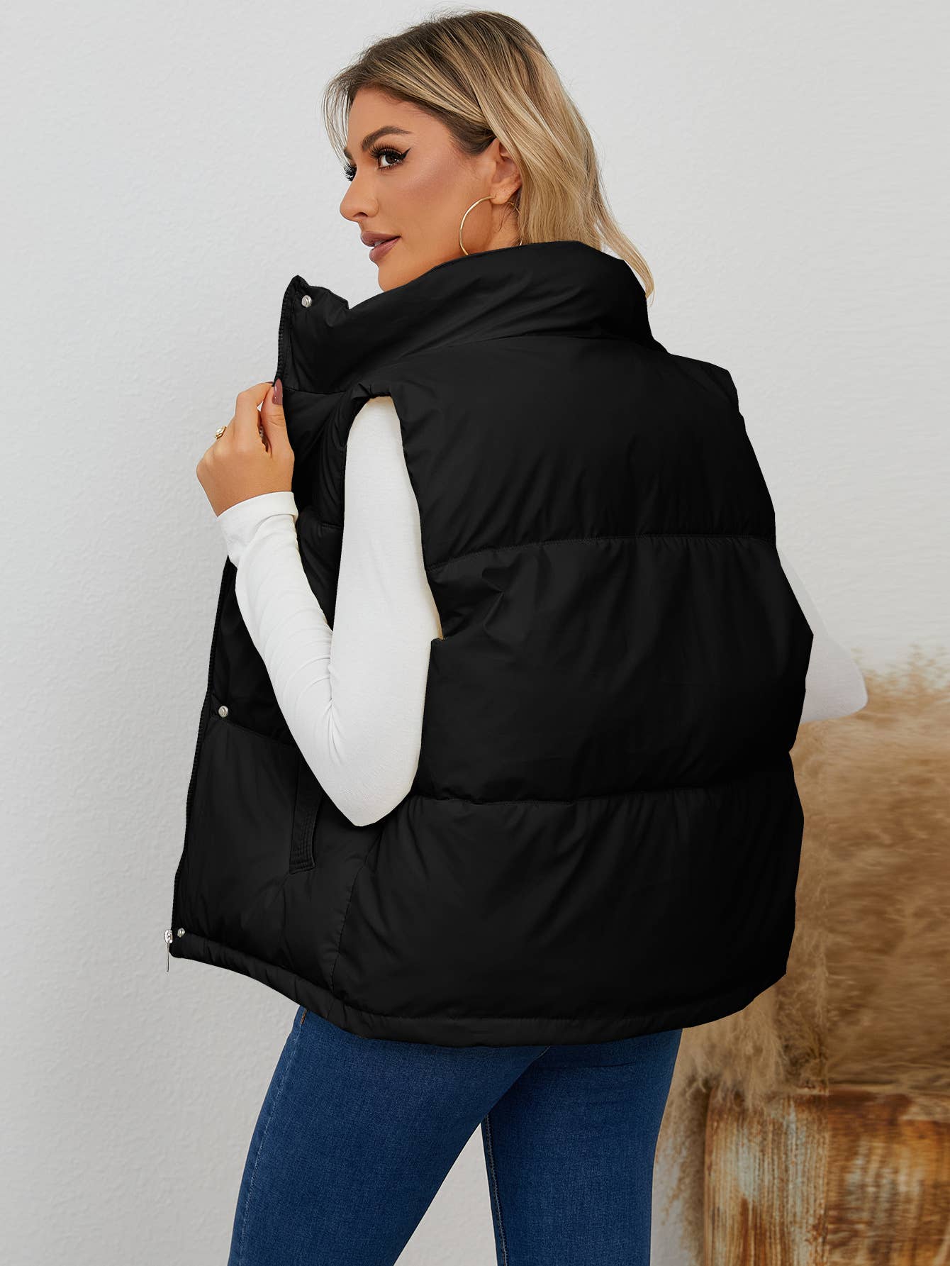 Cotton-padded stand-up collar waistcoat