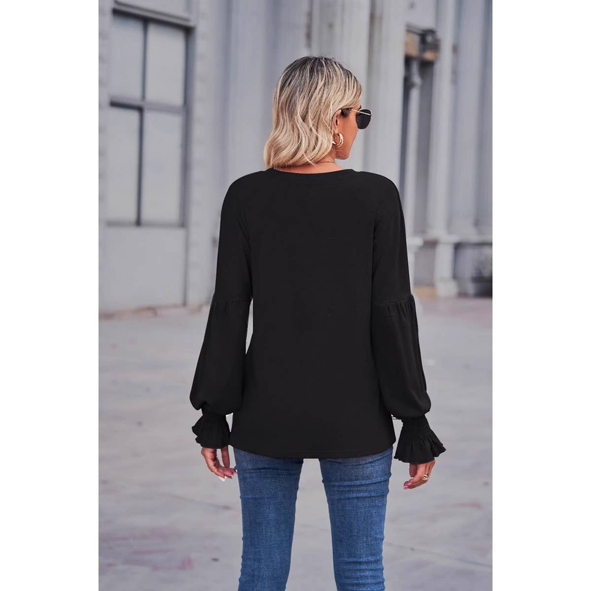 CWTBLL1880_ROUND NECK LOOSE CUFFS LANTERN SLEEVE TOP