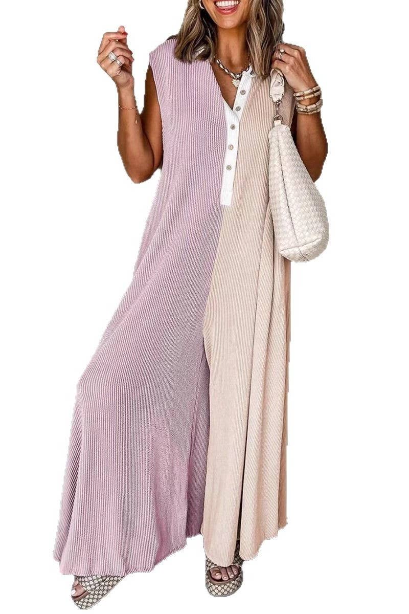 CWSJS1694_COLORBLOCK SLEEVELESS LOOSE FIT CASUAL JUMPSUIT