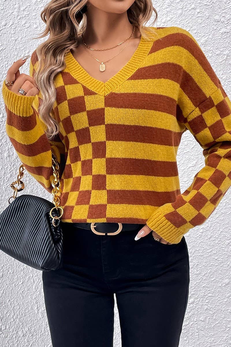 CWOSWL2692_V-NECK CASUAL STRIPED PLAID KNITTED TOP