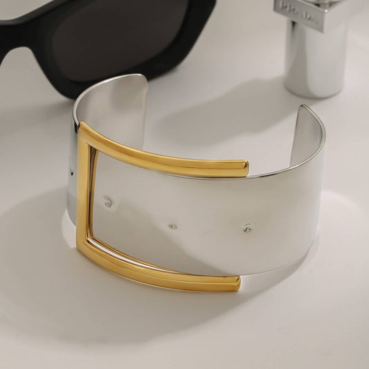 18K Gold Silver Two-Tone Belt Buckle Open Bangle_CWAJE4725