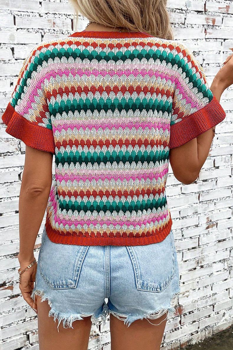 COLOR-MATCHING KNITTED SHORT-SLEEVED T-SHIRT