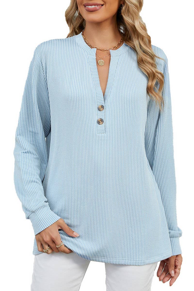 CWTBLL2362_LONG SLEEVE BUTTON V NECK STRIPED T-SHIRT TOP