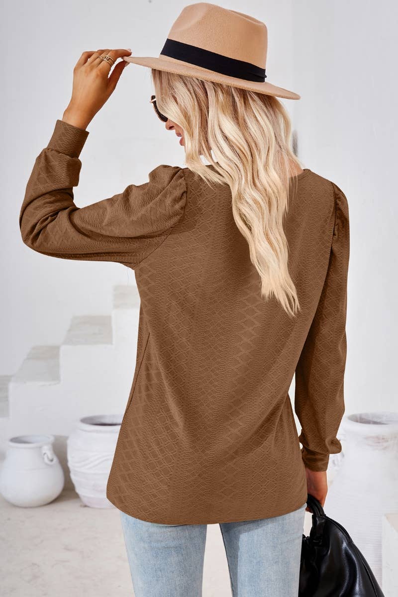 CWTBLL2798_AUTUMN SQUARE NECK JACQUARD LONG-SLEEVED TOP