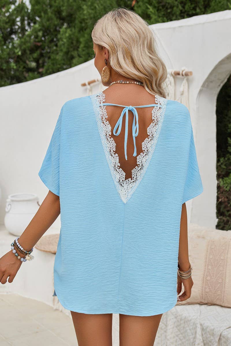 CWTBLS1596_SUMMER NEW LOOSE ROUND NECK BACK LACE TOP