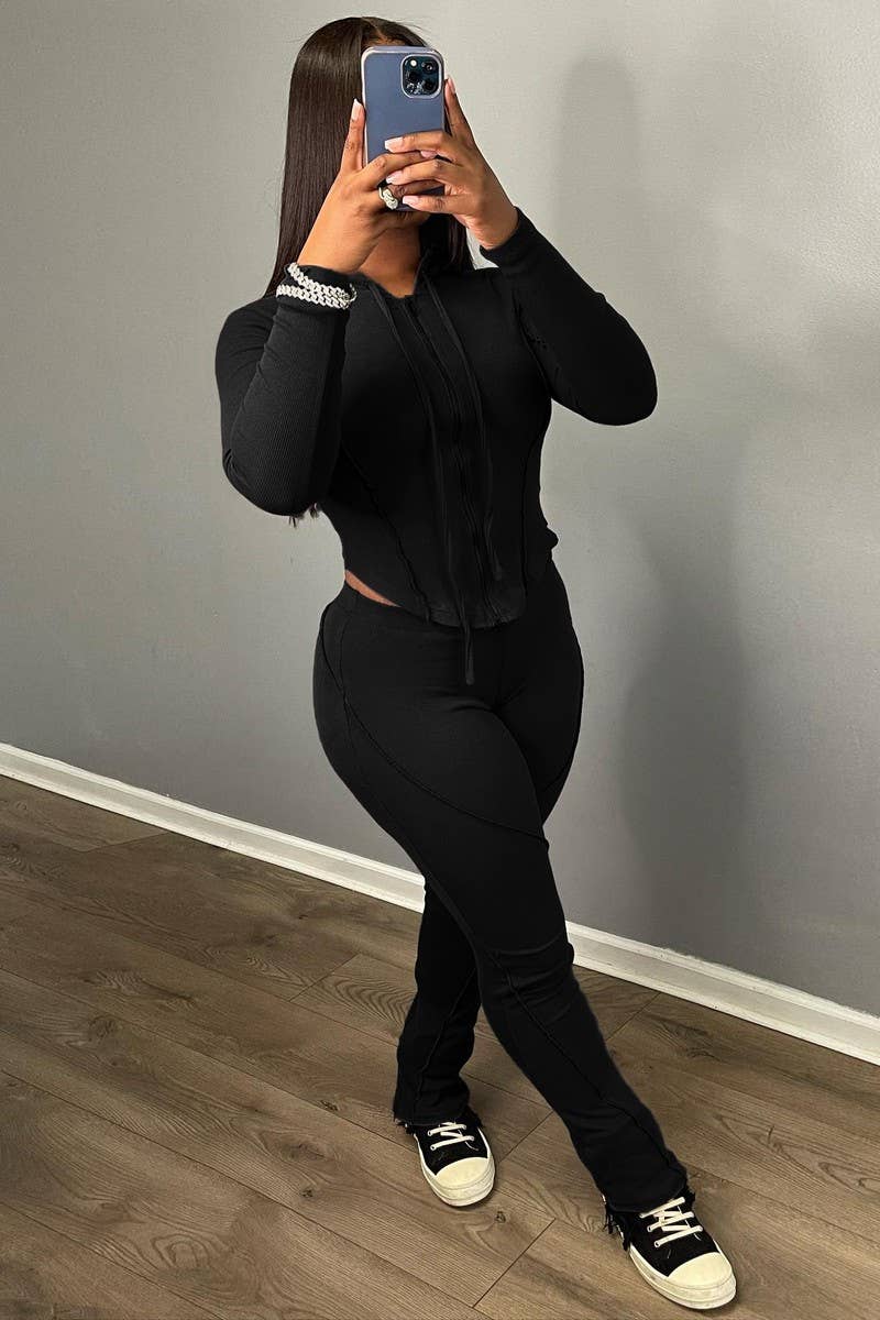 CWSTB1492_HOODED ZIPPER LONG SLEEVE PANTS TWO-PIECE SET