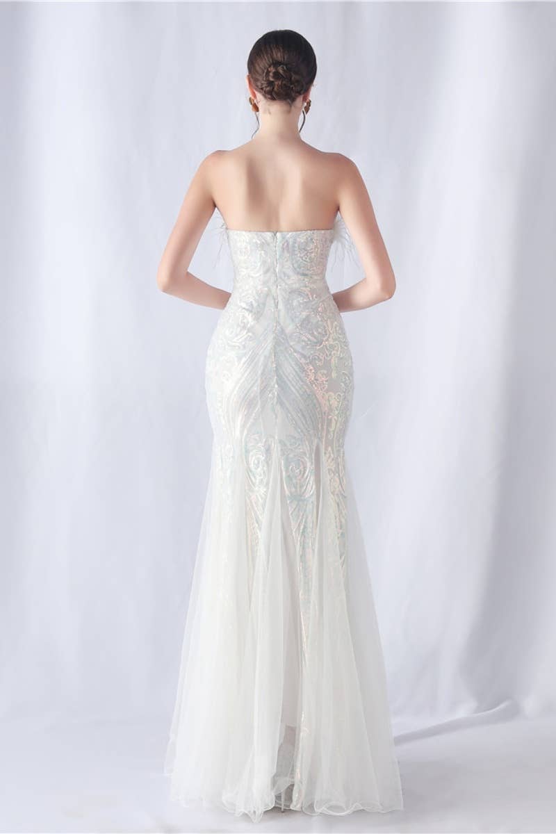 CWDMD3628_FURRY STRAPLESS SEQUIN EVENING DRESS LONG