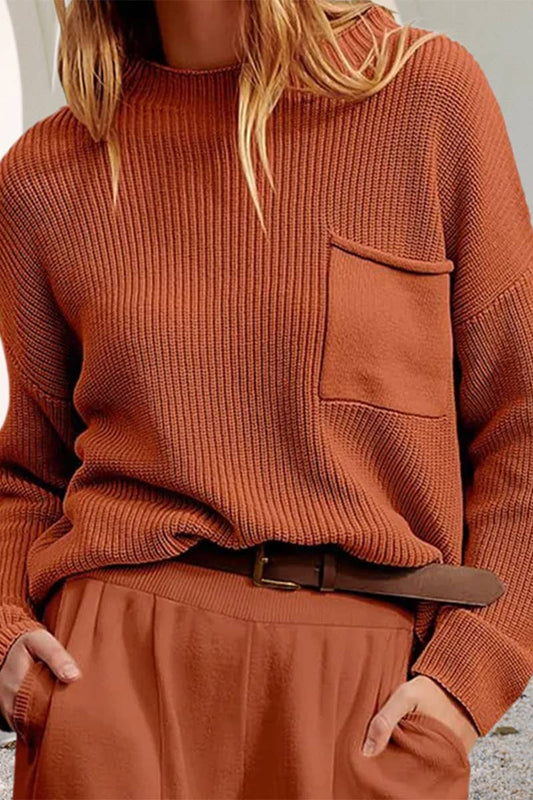 CREW-NECK LONG SLEEVE SOLID COLOR POCKET KNIT