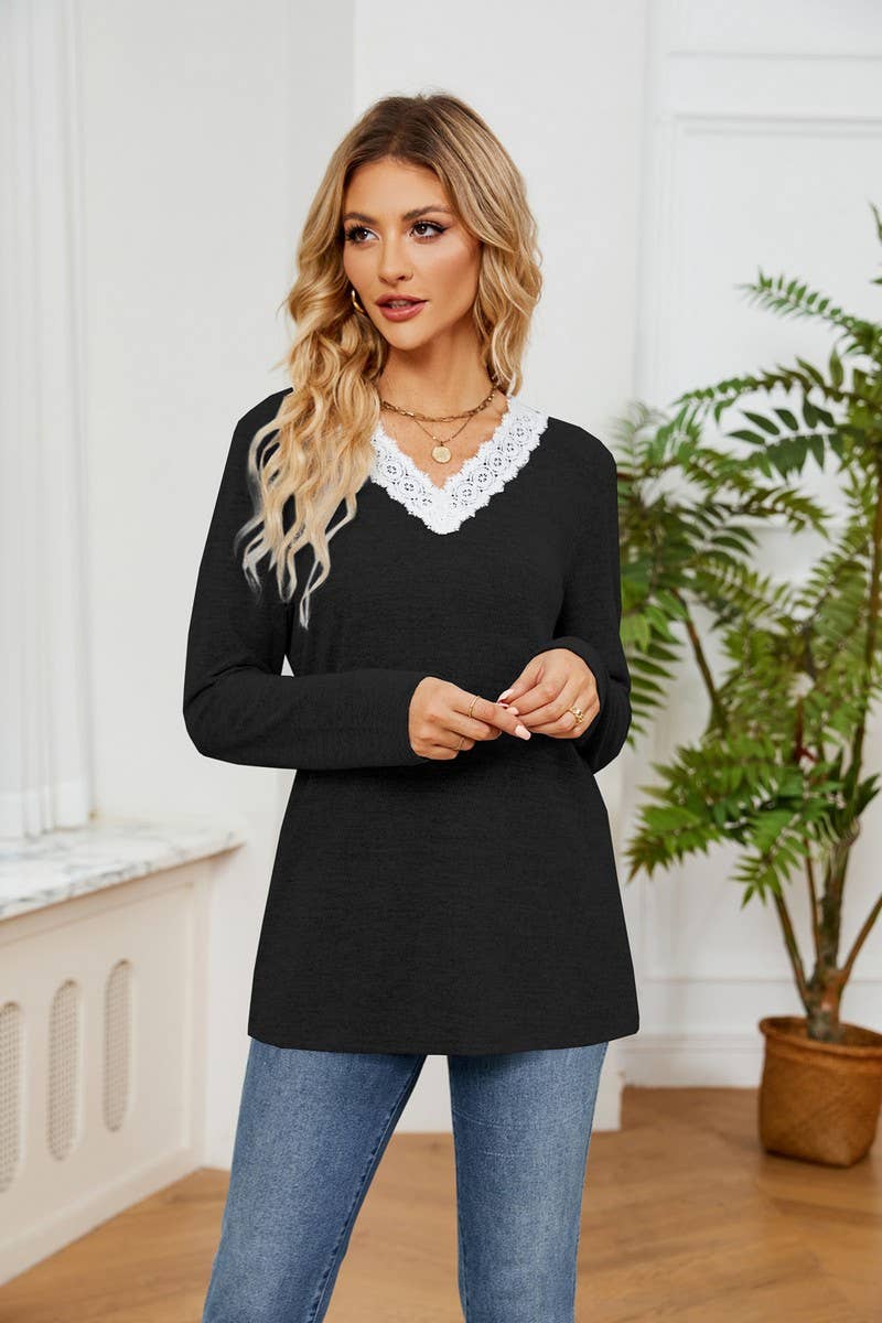CWTBLL2385_V-NECK LACE LONG-SLEEVED LOOSE PULLOVER