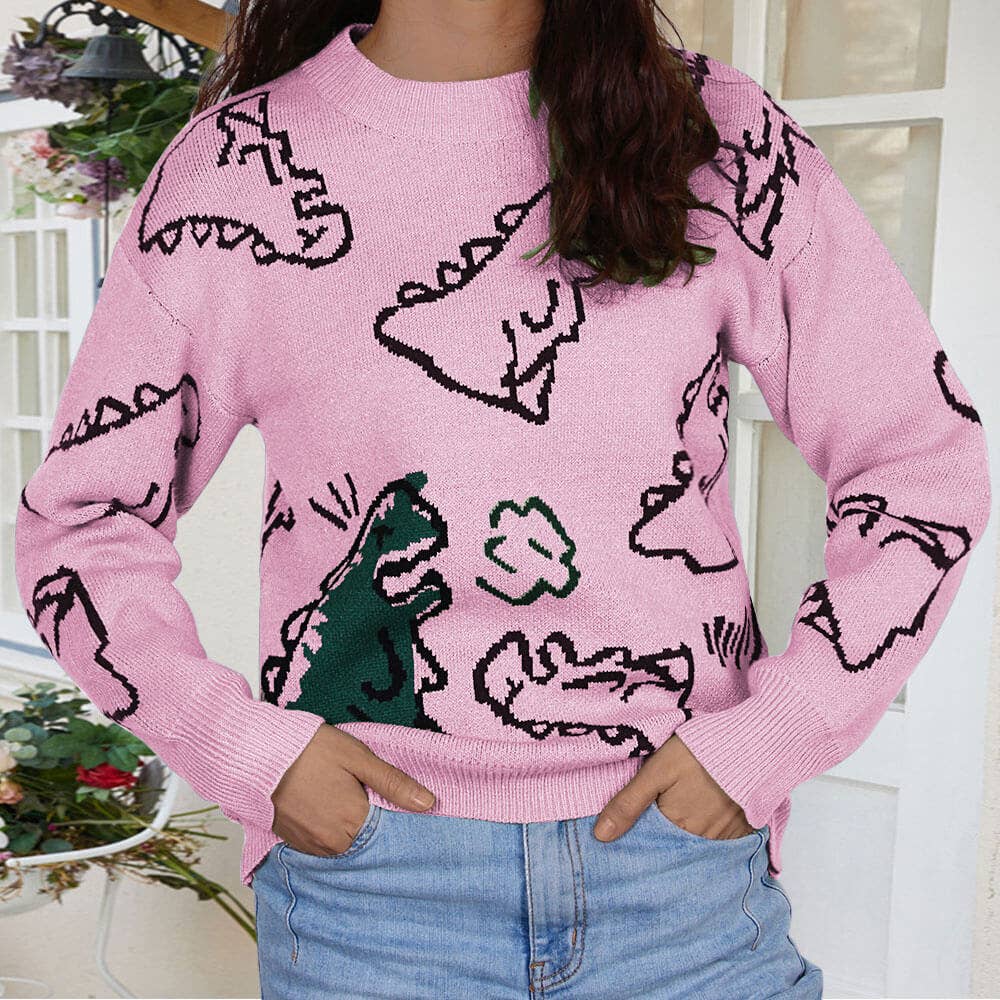 CREW-NECK LOOSE CARTOON DINOSAUR SWEATER