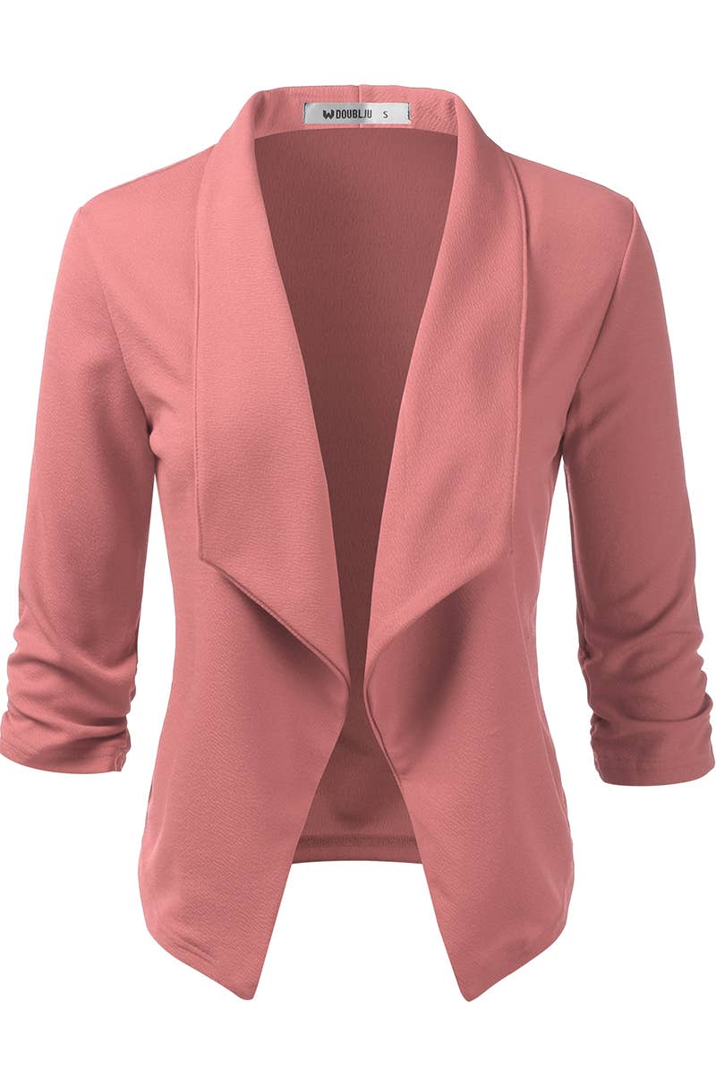CWOBL091_Casual Work Ruched 3/4 Slv Open Front Blazer Jacket