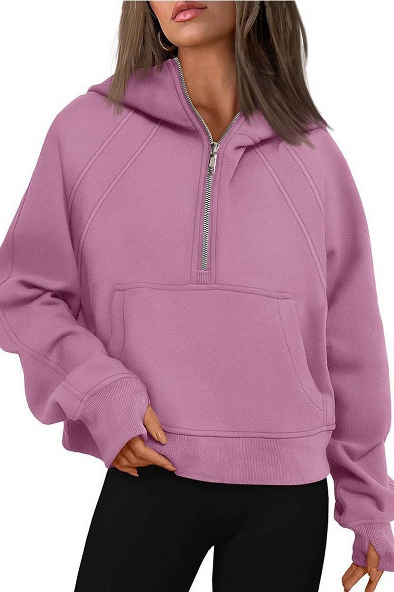 CWOHOL00598_SOLID COLOR CASUAL HALF-ZIP CROPPED HOODIE