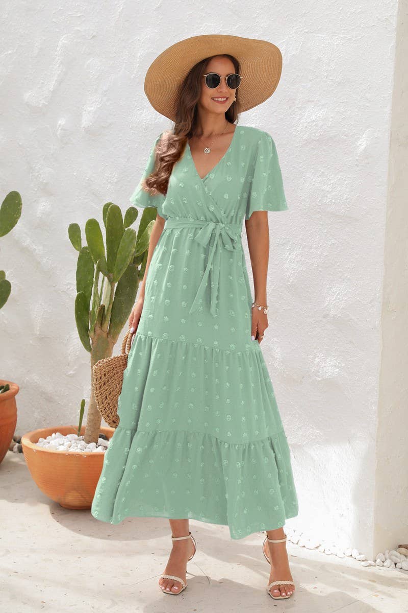 CWDMD2150_V NECK HIGH WAISTED SHORT SLEEVED LONG DRESS