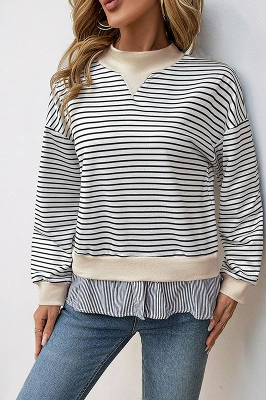 CWTBLL3741_ROUND NECK STRIPED PATCHWORK FAKE TWO-PIECE TOP