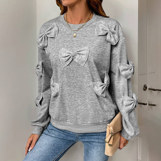 BOW SPLICING SOLID COLOR ROUND NECK HOODIE