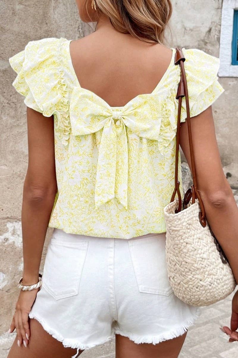 CWTBLS2268_PRINTED BOW BACK LAYERED RUFFLE SLEEVE SHIRT