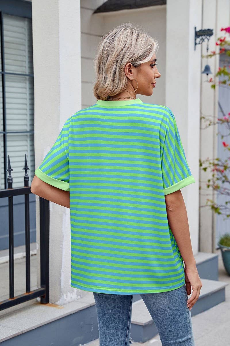 CWTTS1299_LOOSE STRIPED COLORBLOCK CREW NECK T-SHIRT TOP