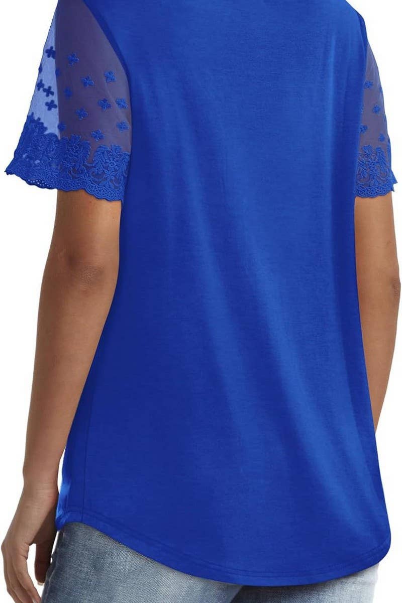 CWTBLS1431_V-NECK LACE STITCHING SHORT-SLEEVED TOP