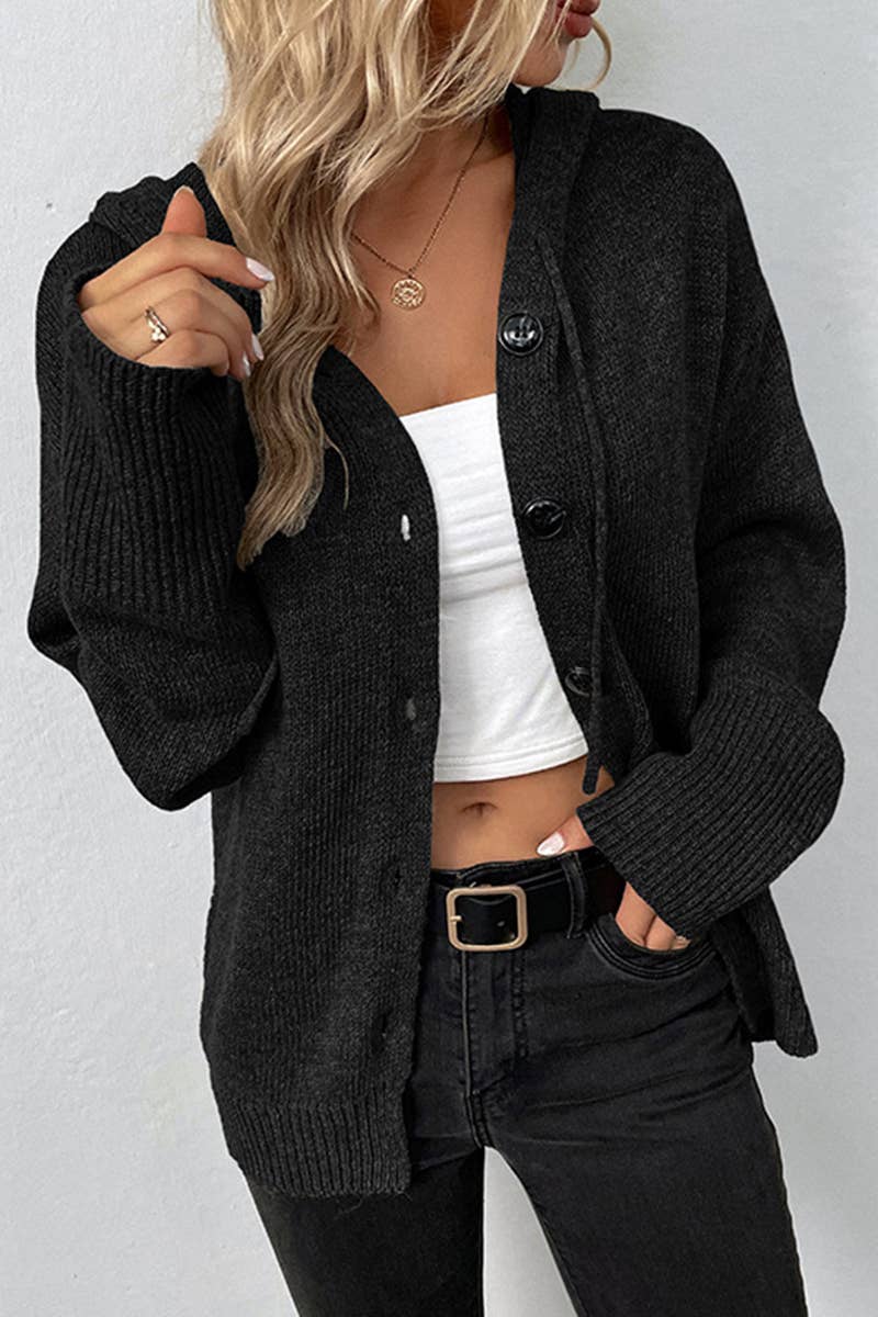 CWOCAL355 Button Down Open Front Hoodie Cardigan Sweater