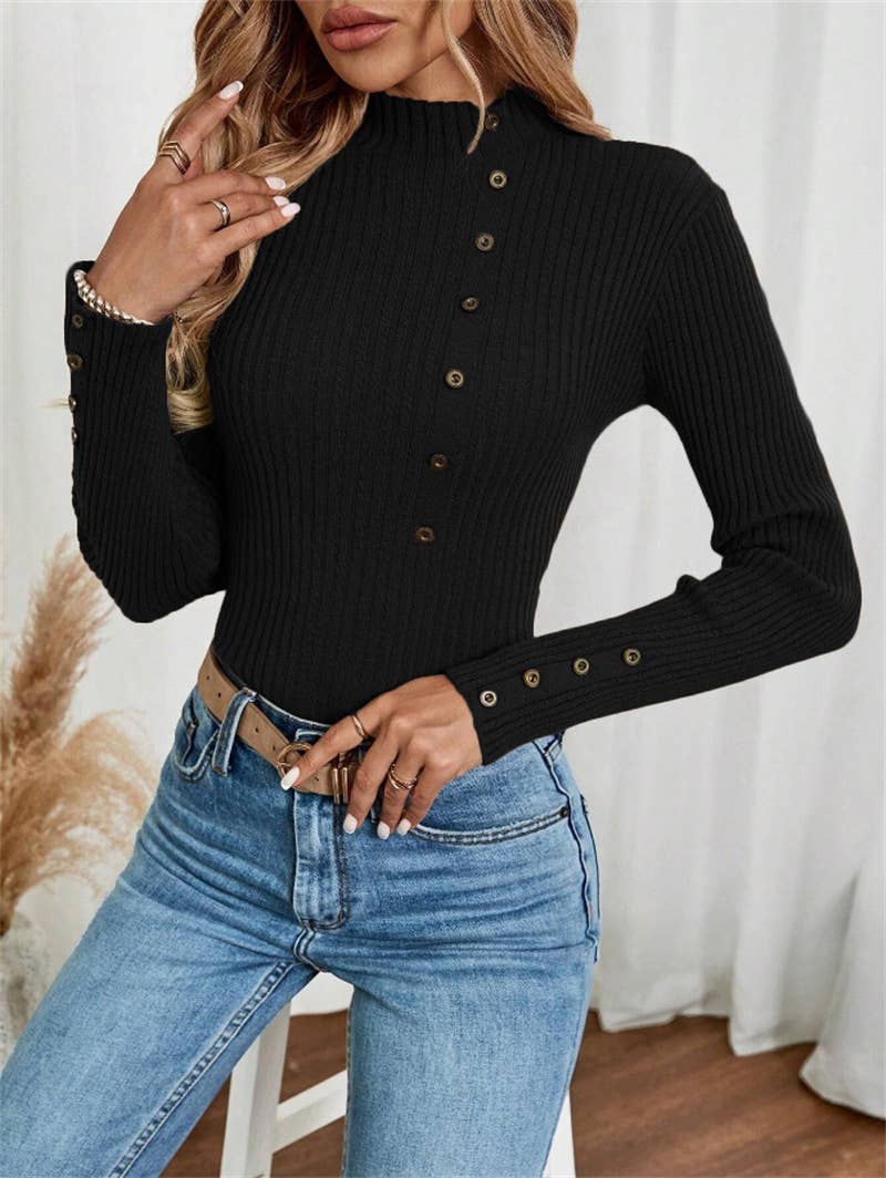 Button long-sleeved knitted base layer top