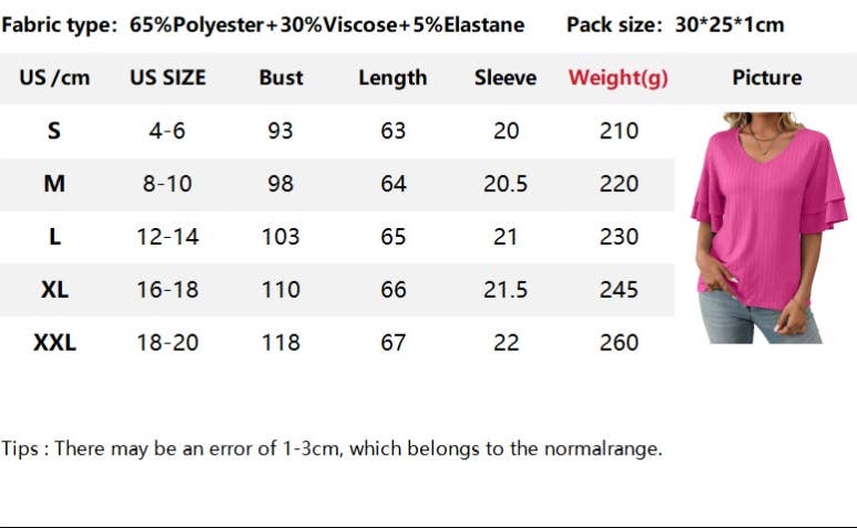 CWTBLS1713_SOLID COLOR V-NECK LOTUS SLEEVE T-SHIRT TOP