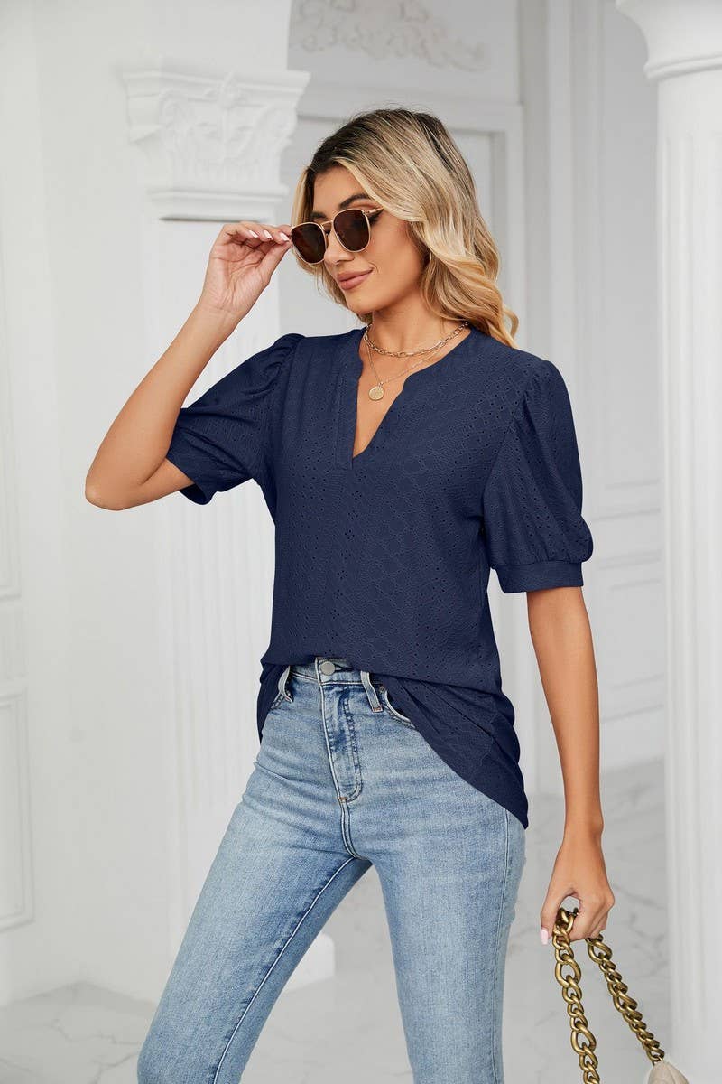 CWTSTS0358_V-Neck Short Sleeve Knit Top