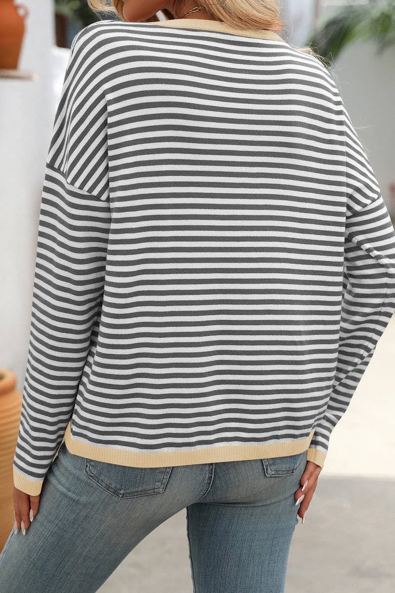CWOSWL4272_ROUND NECK STRIPED CONTRAST COLOR CASUAL SWEATER