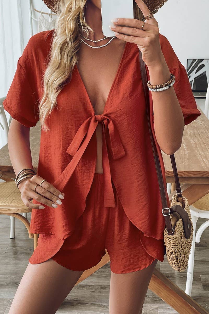 CWSTB1834_CASUAL TIE FRONT BLOUSE AND SHORTS SET