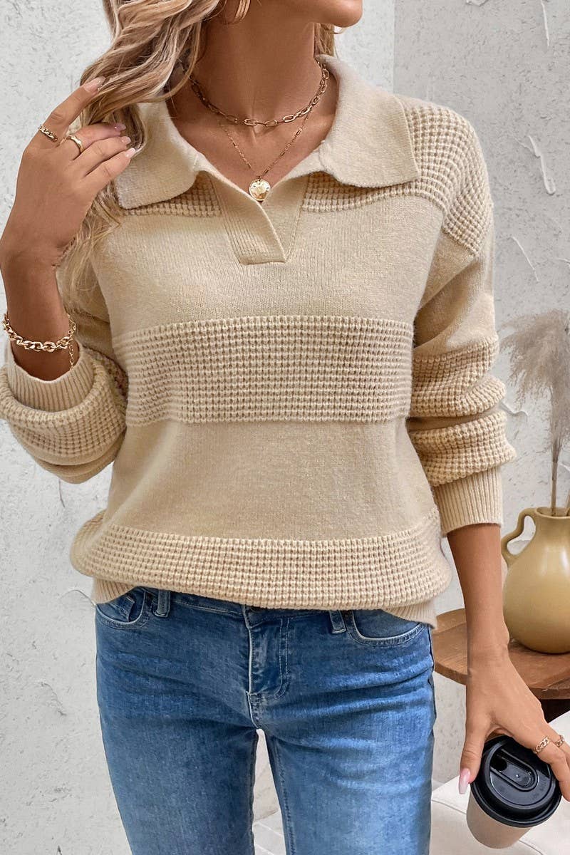 CWOSWL6826_AUTUMN KNITTED LONG SLEEVE COLLAR SWEATER
