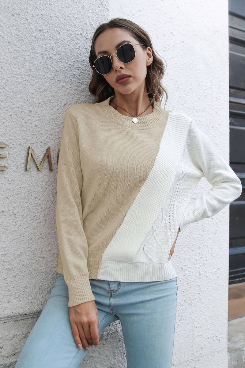 CWOSWL4087_CONTRAST COLOR CABLE KNITTED LONG SLEEVE SWEATER
