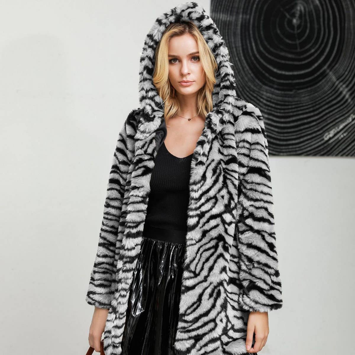 Thick Hooded Tiger Print Faux Fur Coat Women Mid