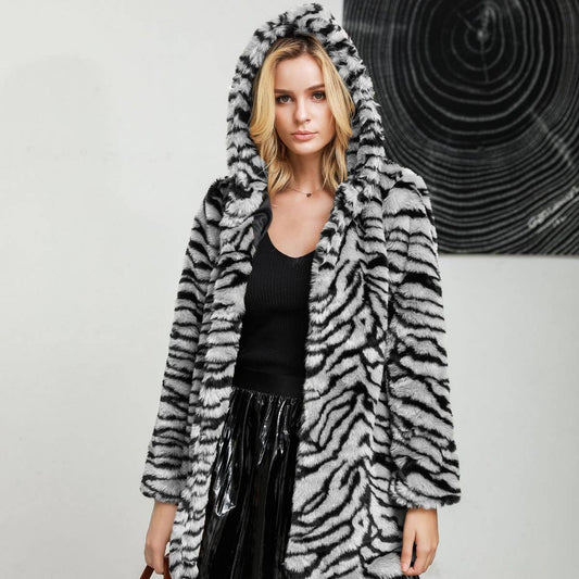 Thick Hooded Tiger Print Faux Fur Coat Women Mid