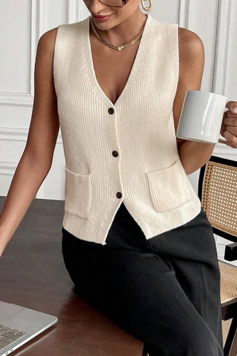 CWOV0791_SOLID V-NECK SINGLE BUTTON KNIT VEST