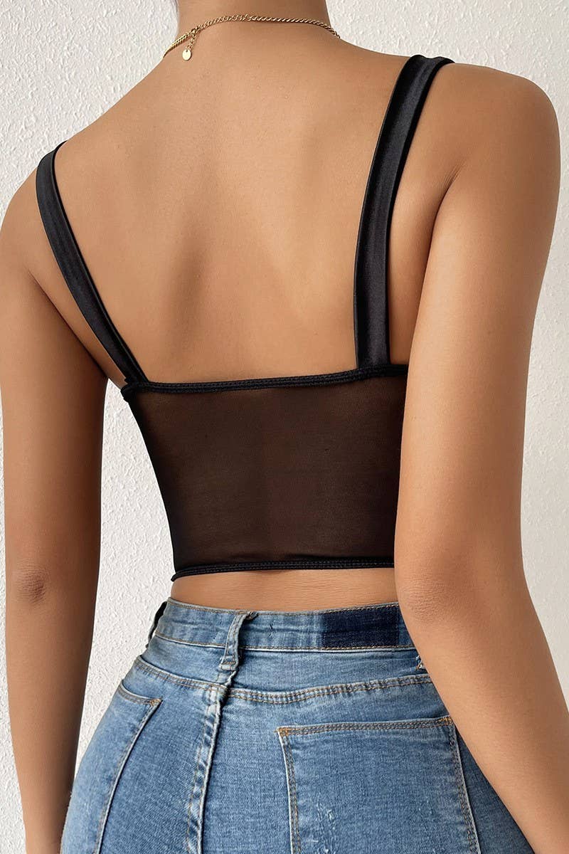CWTHT0168_MESH SEE-THROUGH HERRINGBONE CAMISOLE TOP