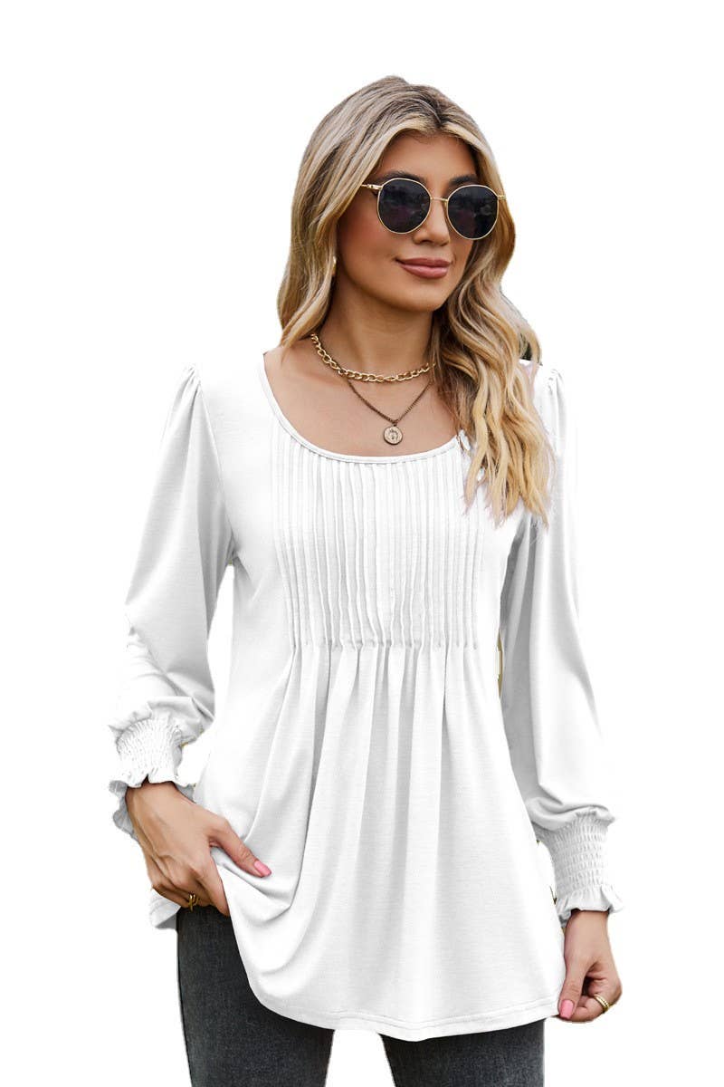 CWTBLL3687_NEW AUTUMN SOLID COLOR ROUND NECK DRAW CUFFS TOP