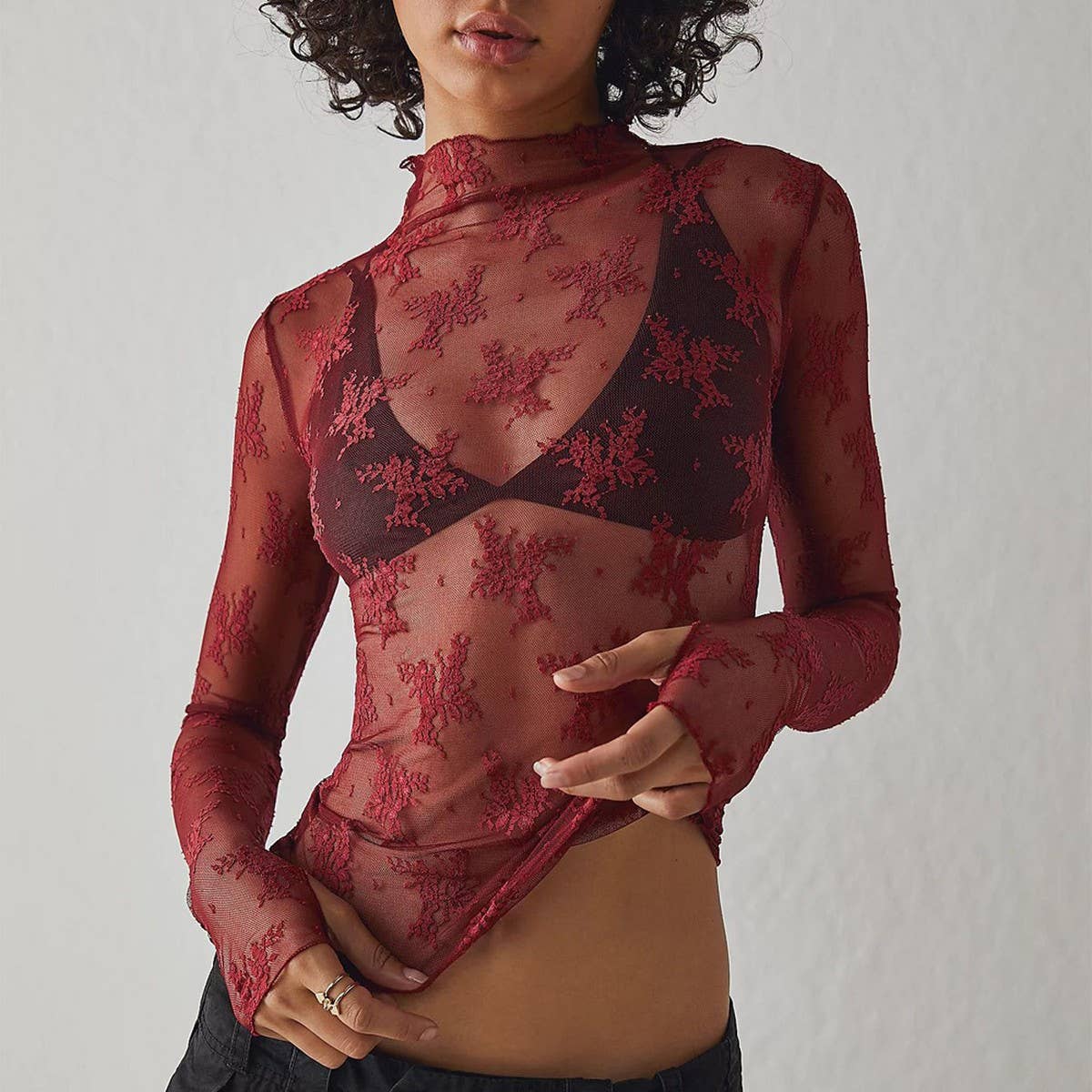SEMI SHEER MESH LACE TOP BOTTOMING SHIRT