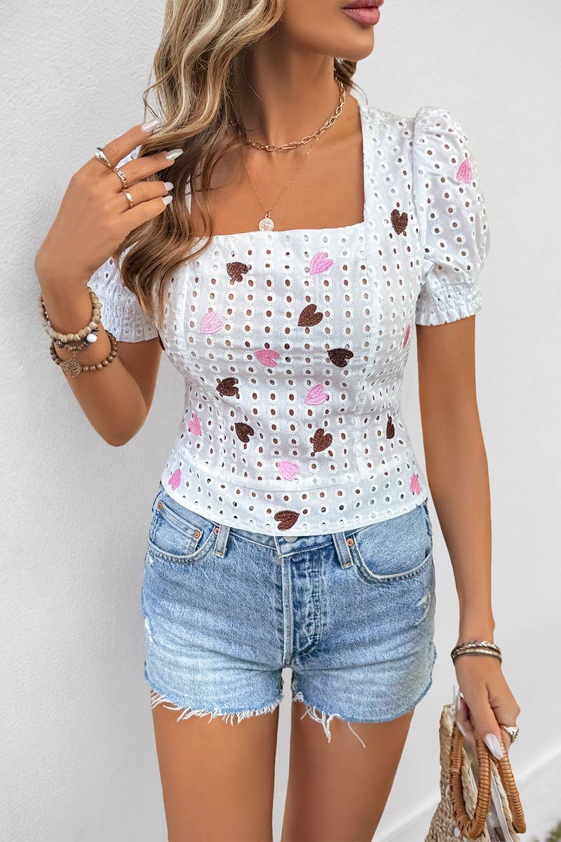 CWTBLS1995_CASUAL PUFF SLEEVE SWEETHEART SQUARE NECK SHIRT