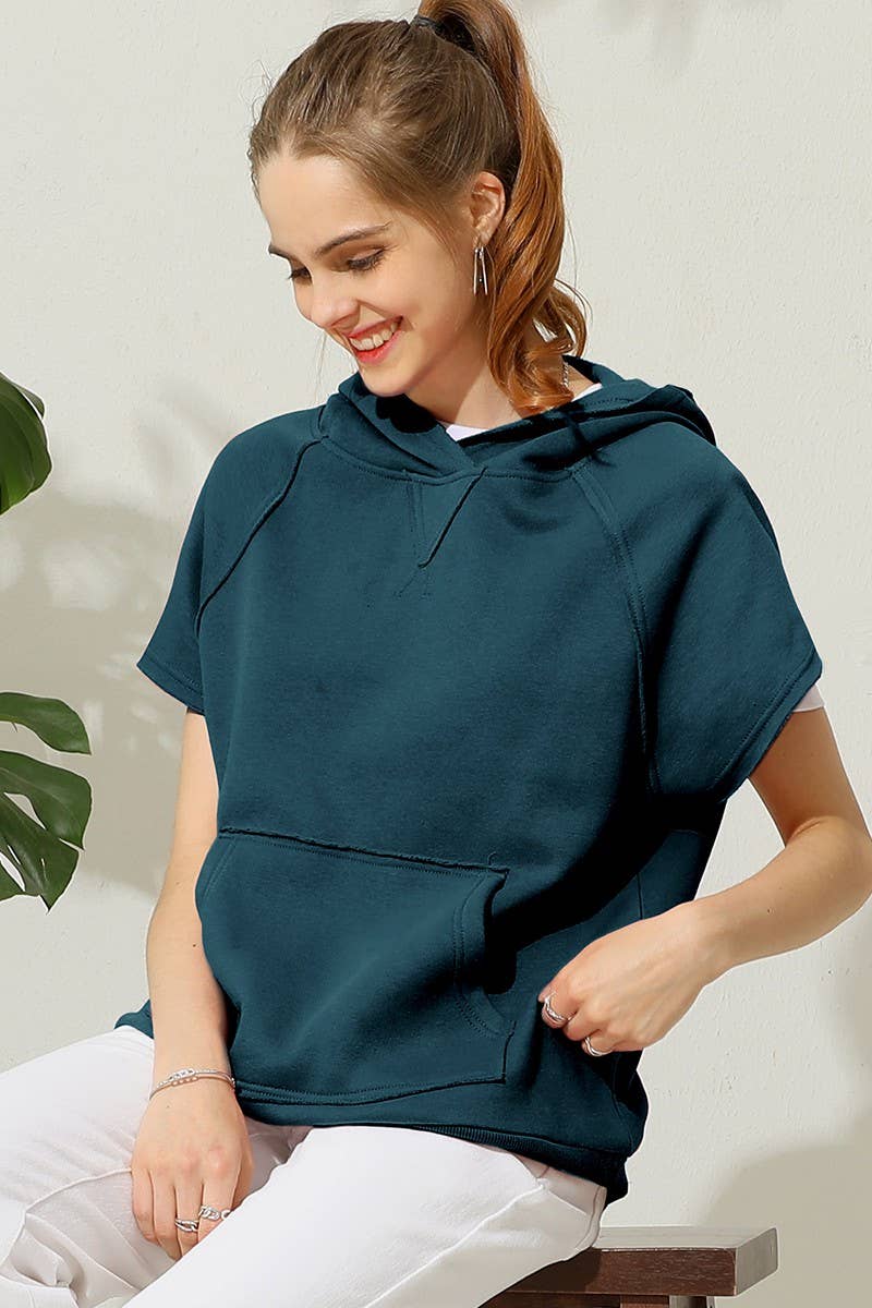 CWOHOS010_SHORT SLEEVE HOODIE SWEATSHIRT KANGAROO POCKET