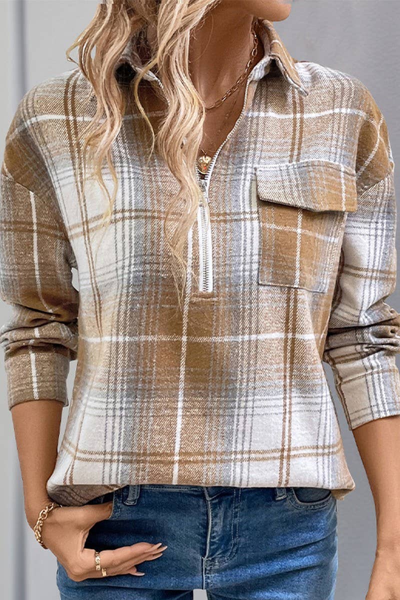 CWTBLL3739_RETRO LOOSE CASUAL AUTUMN AND WINTER PLAID TOP