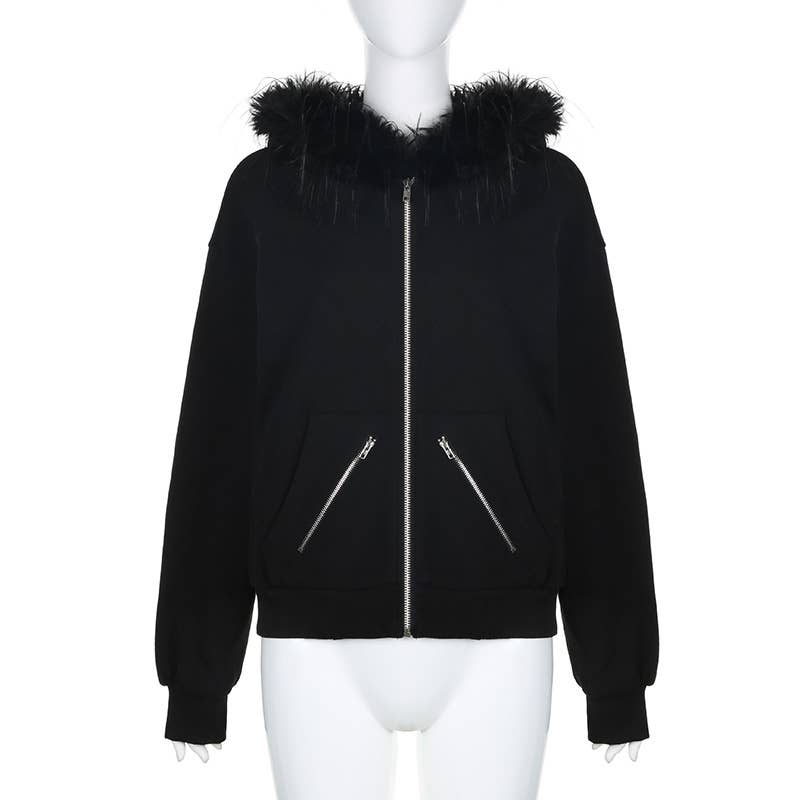 Dark wind big hair collar hooded loose coat