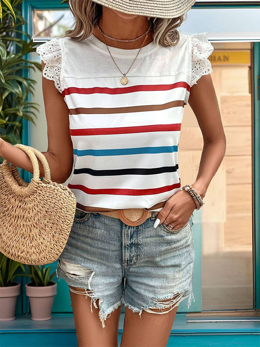 Casual lace striped T-shirt with ruffled sleeves