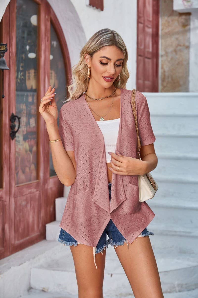 CWTBLS1113_SOLID COLOR HOLLOW CASUAL SHORT-SLEEVED CARDIGAN