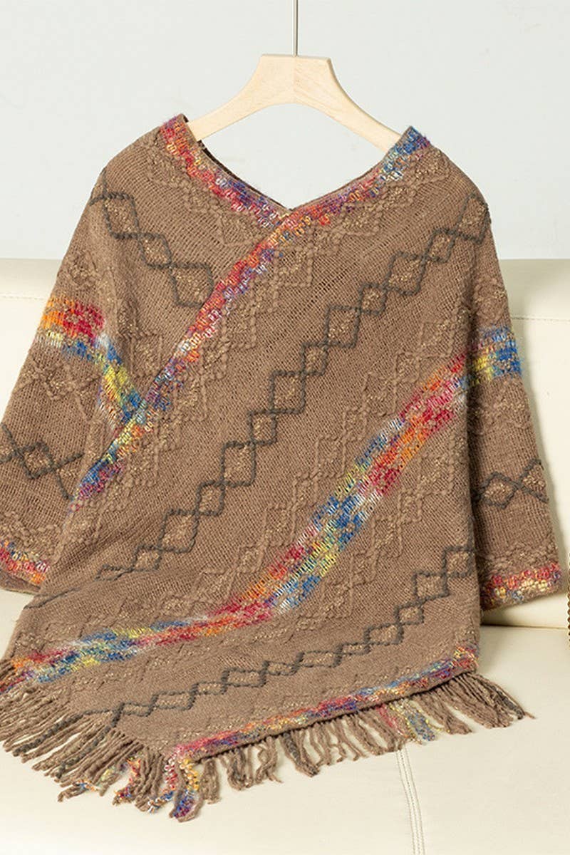 CWOSWS0095_COLORFUL STRIPED KNITTED FRINGE CAPE SHAWL