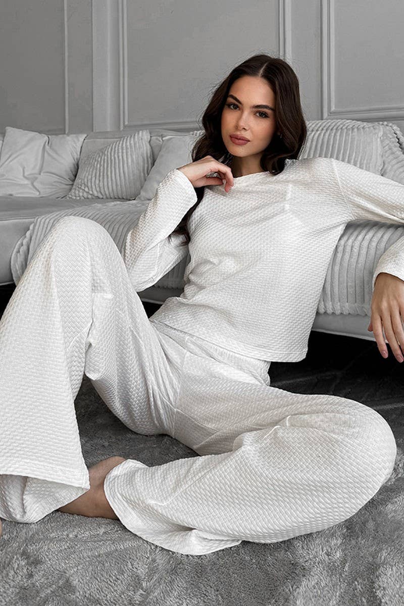 CWSPJ0200_KNITTED JACQUARD WHITE PAJAMAS AND HOME WEAR SET
