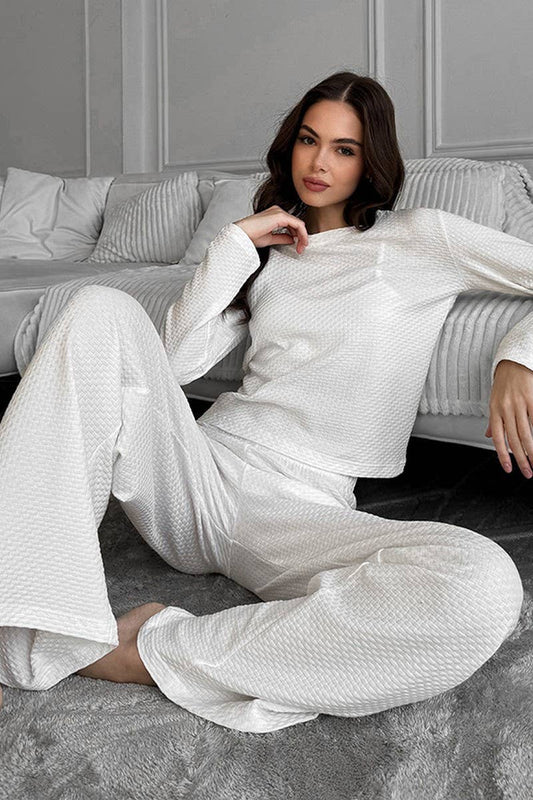 CWSPJ0200_KNITTED JACQUARD WHITE PAJAMAS AND HOME WEAR SET