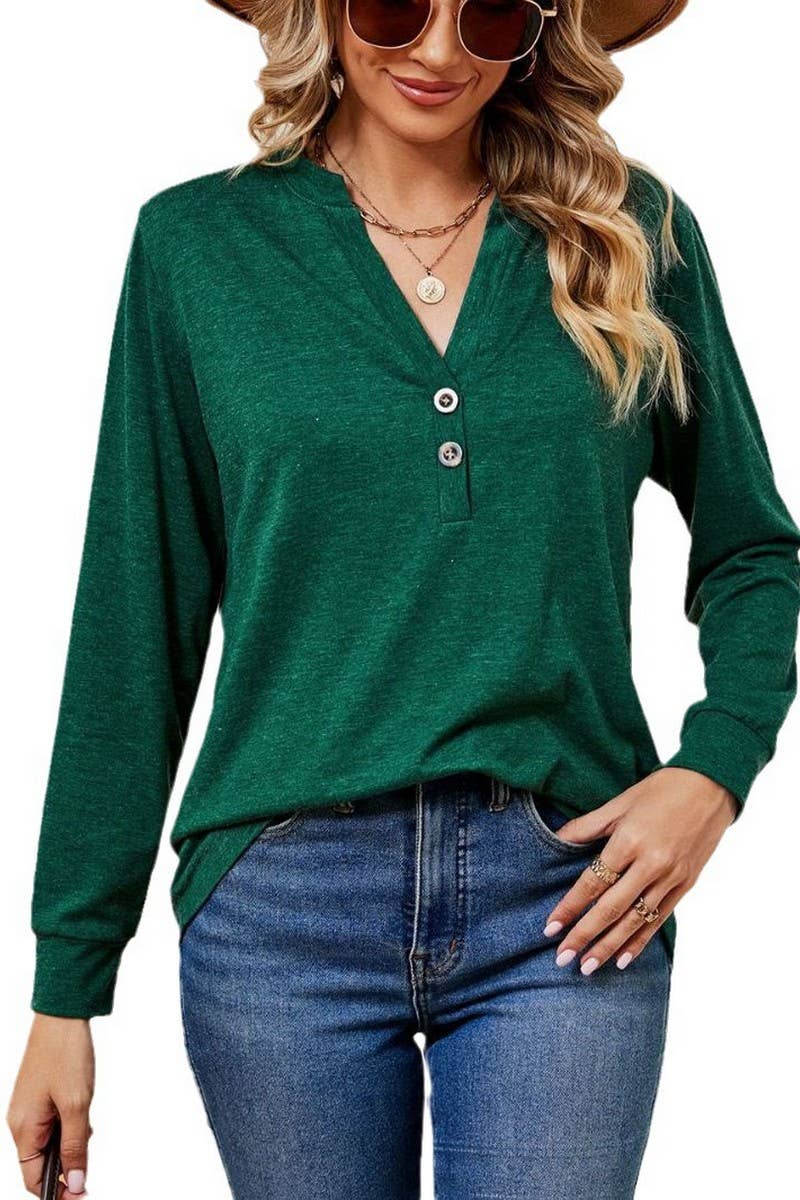 CWTBLL2371_V-NECK BUTTON LONG SLEEVE LOOSE PULLOVER TOP