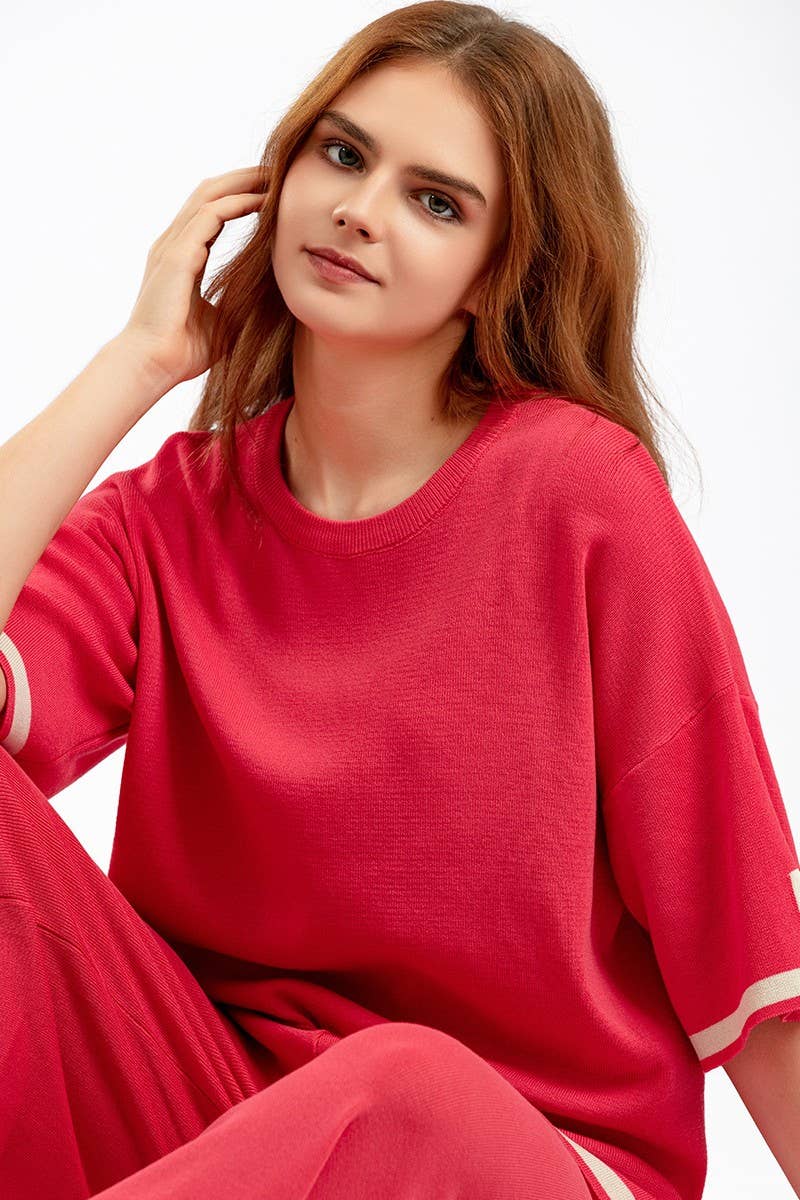 CWSTB00422_COLORBLOCK KNIT TOP & HIGH WAIST WIDE LEG SET