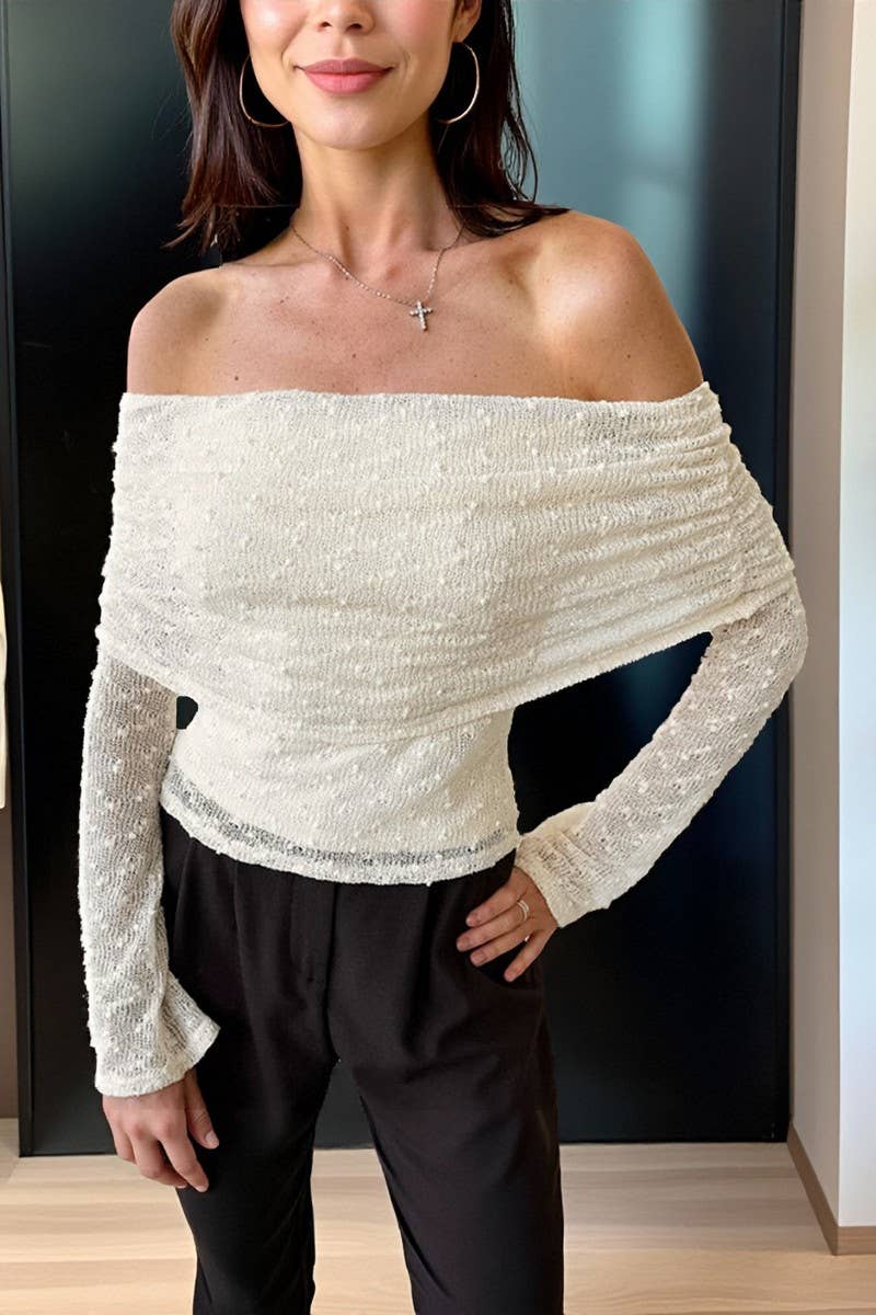 CWTBLL00608_SOLID COLOR JACQUARD KNITTED BOAT NECK TOP